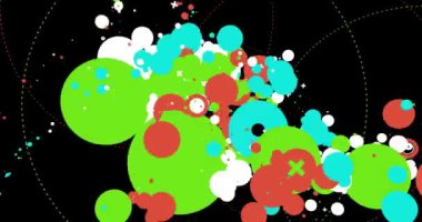 Karikatürize bir tarzda daireler ve çizgilerle dolu soyut renkli bir arka plan.