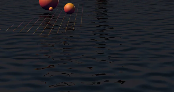 Una Escena Abstracta Suelo Hecho Agua Con Líneas Esferas Naranjas — Foto de Stock