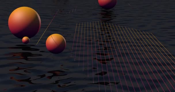 Abstract Scene Floor Made Water Glowing Oranges Lines Spheres — Stock Video