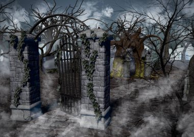 Sisle çevrili tüyler ürpertici ağaçlar ve mezarlar ile karanlık bir fantezi orman.