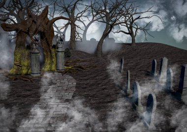 Sisle çevrili tüyler ürpertici ağaçlar ve mezarlar ile karanlık bir fantezi orman.
