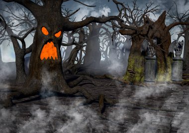 Sisle çevrili tüyler ürpertici ağaçlar ve mezarlar ile karanlık bir fantezi orman.