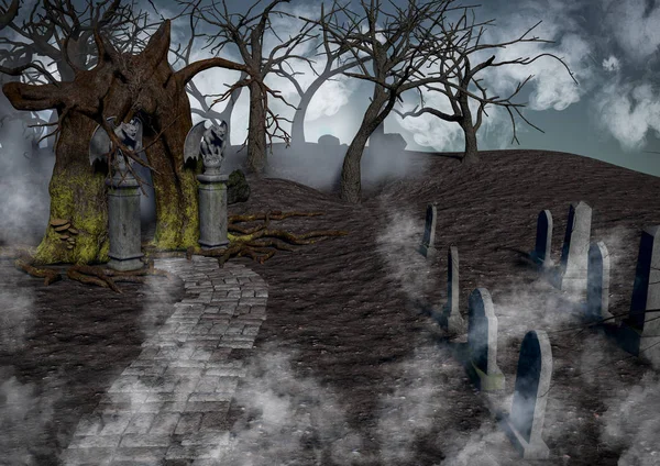 Sisle çevrili tüyler ürpertici ağaçlar ve mezarlar ile karanlık bir fantezi orman.