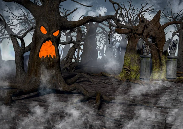Sisle çevrili tüyler ürpertici ağaçlar ve mezarlar ile karanlık bir fantezi orman.