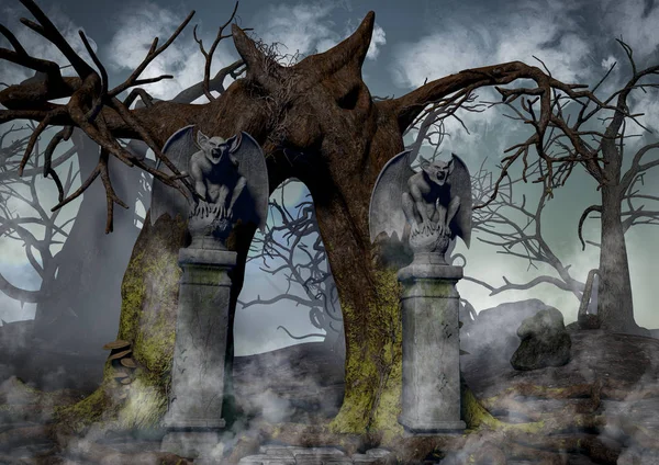 Sisle çevrili tüyler ürpertici ağaçlar ve mezarlar ile karanlık bir fantezi orman.