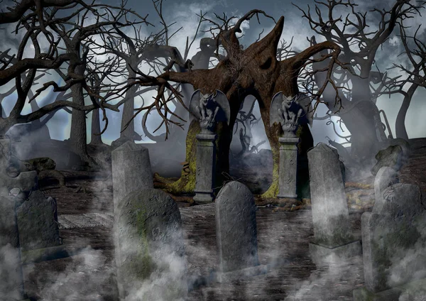 一片漆黑的幻想森林 周围环绕着令人毛骨悚然的树木和坟墓 — 图库照片