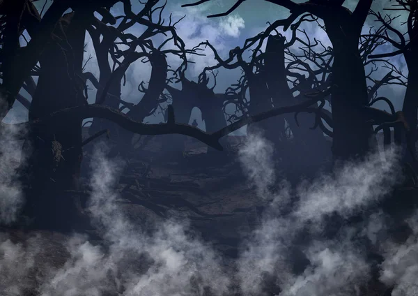 A dark fantasy forest with creepy trees and tombs surrounded by mist.