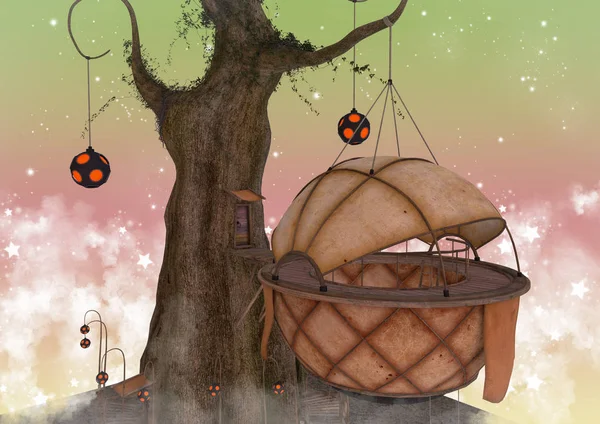 Bajkowy Scena Domku Drzewie Otoczonym Pastelowym Niebem Ilustracja — Zdjęcie stockowe