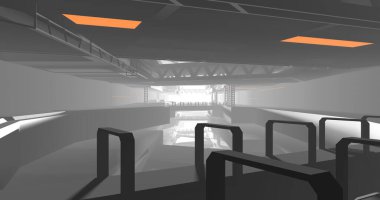 Gri pullu bir bilim kurgu hangarının sahnesi..