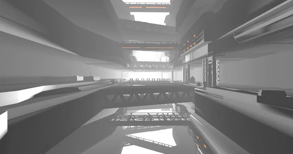 Scene of a sci-fi hangar in grey scales.