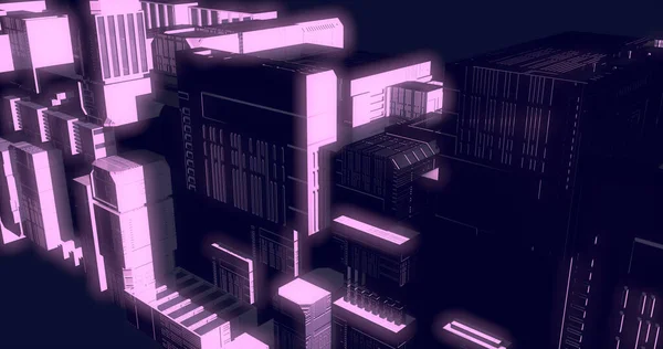 Scena Futurystycznego Miasta Świecącymi Budynkami — Zdjęcie stockowe