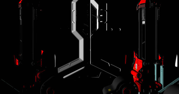 Scene of a dark interior of a sci-fi futuristic spaceship.