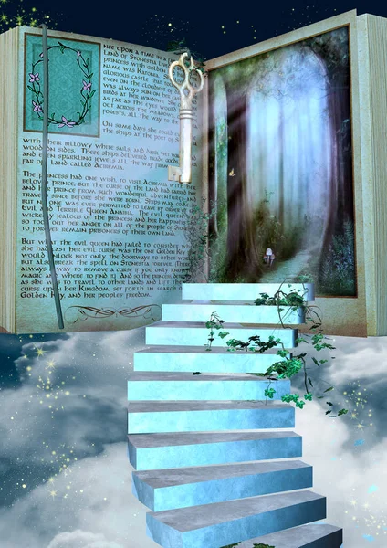 Escena Fantasía Libro Cuentos Hadas Con Una Escalera Entre Nubes — Foto de Stock