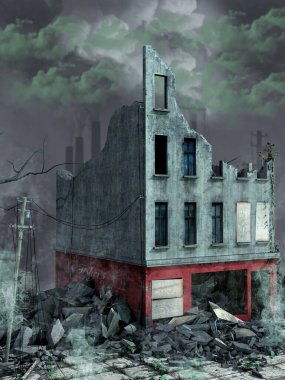 Arkasında fabrikalar ve yeşil zehirli dumanla yıkılan bina..