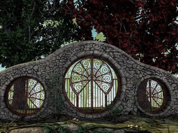 Три круглые старые двери, лес и огромные разноцветные деревья
.