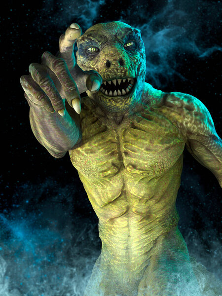 Reptilian monster pointing with its finger on the space with bright stars behind.