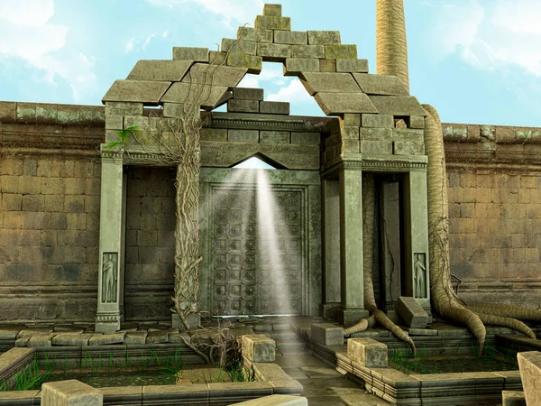 Kamienne Wejście Ogromnej Zabytkowej Świątyni Majów Wiązką Światła Roślin Drzew — Zdjęcie stockowe