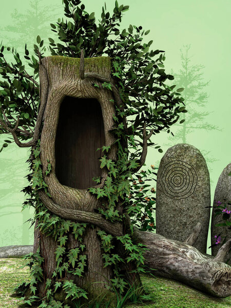 Fantasy glade with a tree, old stones, and green flowers.