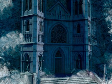Korkunç büyük bir katedralin gece sahnesi..