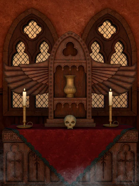 Ett Mörkt Magiskt Altare Med Ljus Skalle Och Metallburk — Stockfoto
