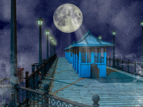 街路灯 満月の夜の港の風景 — ストック写真