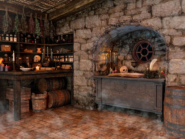 Kafatasları, kristal küreleri, mumları, otları ve sisleri olan bir cadı odası sahnesi..