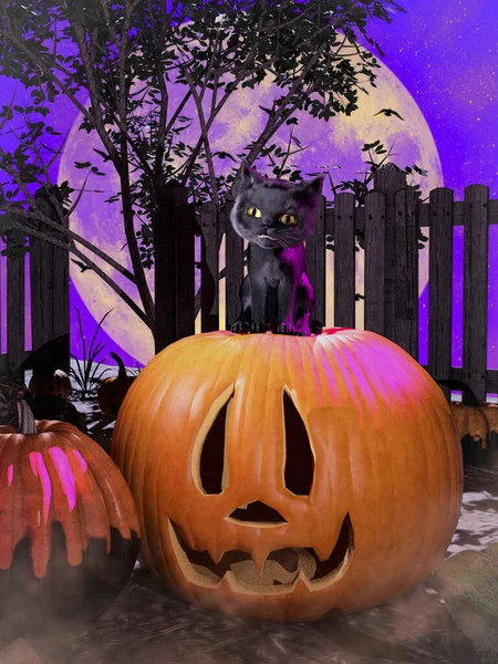 Ilustración Halloween Con Gatito Negro Bombeo Tallado — Foto de Stock