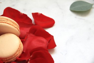 Gül yaprakları, kartpostal ve macaroons beyaz üzerine yapılan kalp