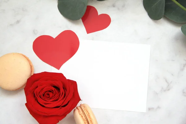 Composition Valentine Day Pink Rose Ribbon Heart Macaroons Eucalyptus Envelope — Stock Photo, Image