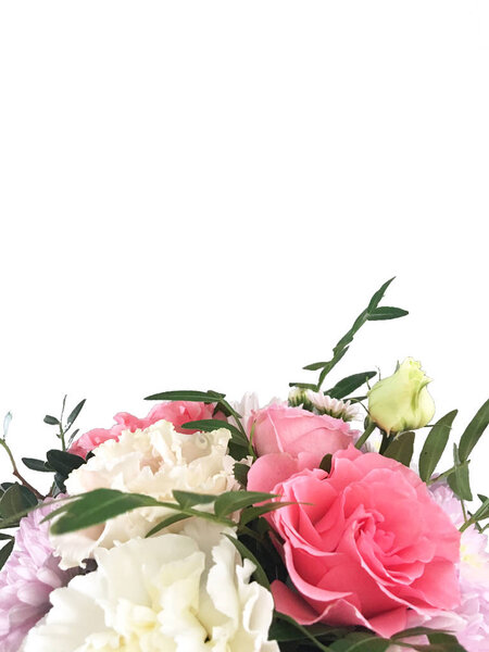 Bouquet of flowers, top view, isolated on background