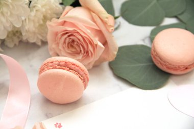 Sevgililer günü, macaroons, gül, okaliptüs, pembe zarf için kompozisyon