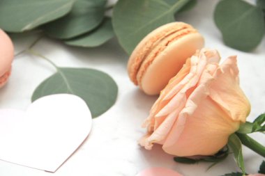 Sevgililer günü, macaroons, gül, okaliptüs, pembe zarf için kompozisyon