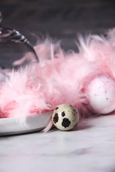 Easter, background, Easter eggs, pink feathers, top View, Quail eggs, Table