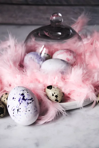 Easter, background, Easter eggs, pink feathers, top View, Quail eggs, Table