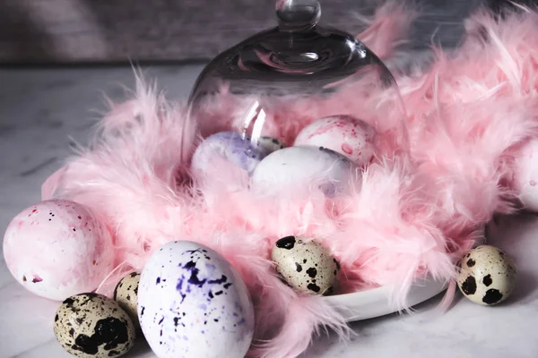 Easter, background, Easter eggs, pink feathers, top View, Quail eggs, Table