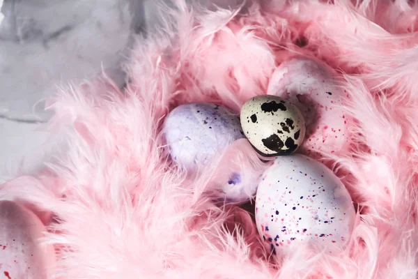 Easter background with Easter eggs and pink feathers. The view from the top. Quail egg