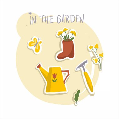 Bahar ve yaz. Bahçede çalışmak. Kelebek, sulama can, çiçekler, komisyon, önyükleme