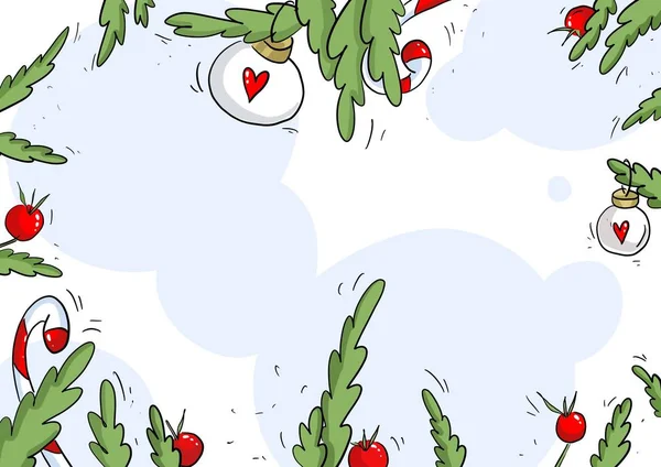 Noël Nouvel Fond Carte Voeux Avec Branches Sapin Avec Jouets — Image vectorielle