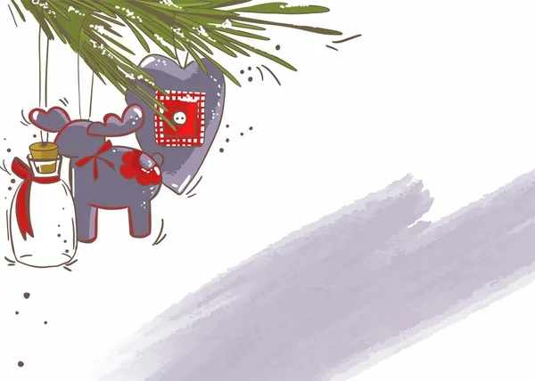 Різдвяний Новорічний Вітальна Листівка Гілками Ялинки Іграшками Синьо Червоні Іграшки — стоковий вектор