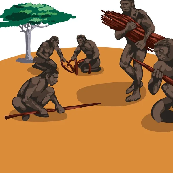 Προϊστορικοί Πίθηκοι Στο Υπαίθριο Σπήλαιο — Διανυσματικό Αρχείο