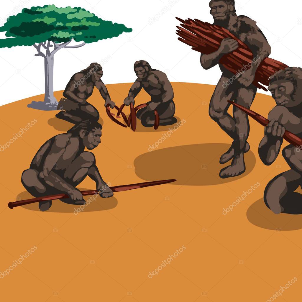 Prehistoric tribal people monkeys in the open air Cave