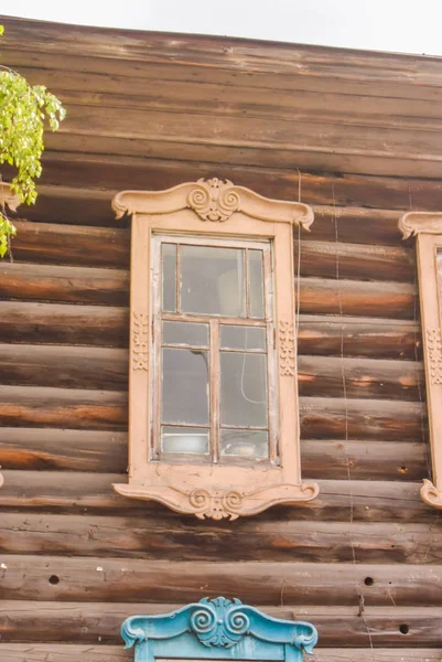 Houten Ramen Oude Huizen Het Russische Noorden Mooie Shots Carving — Stockfoto