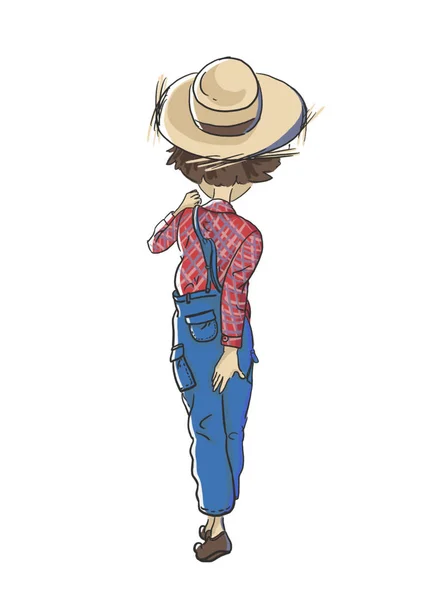 Schoolboy Goes School Boy Goes Back Straw Hat Blue Pants — Stock Photo, Image