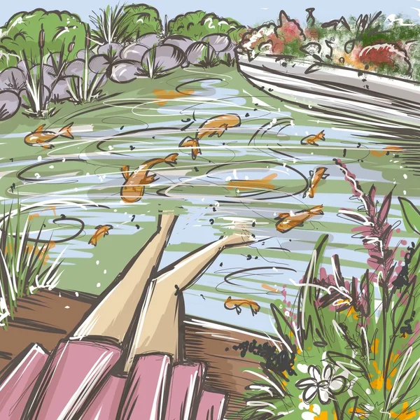 Girl legs sitting on the edge of the lake with her legs lowered into the water. In the lake goldfish. Around the lake boat with flowers and greenery and grass. Pink. Green.