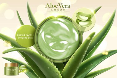 Etli yenileme üzerinde Aloe Vera krem glitter bokeh arka planda 3d çizim yaprak