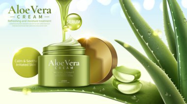 Etli yaprakları 3d çizimde, glitter bokeh arka plan yenileme üzerinde Aloe Vera krem