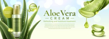 Aloe Vera Cilt bakım ürünü 3d çizimde, glitter bokeh arka plan etli yaprakları/EC