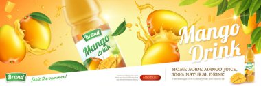 Mango suyu taze meyve birlikte 3d resimde isabet ile plastik şişe