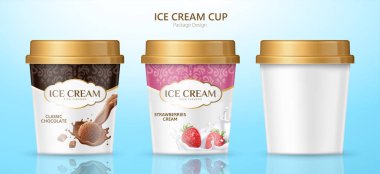 Dondurma paket tasarlamak için 3d resimde mavi arka plan üzerinde farklı tatlar