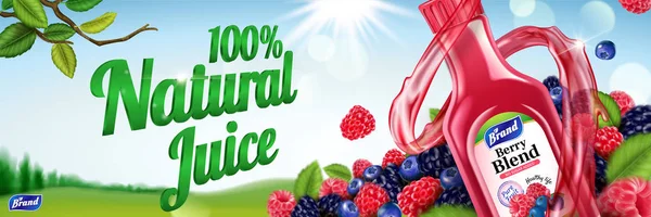 Succo Miscela Bacche Naturali Con Abbondanza Frutta Sfondo Esterno Bokeh — Vettoriale Stock